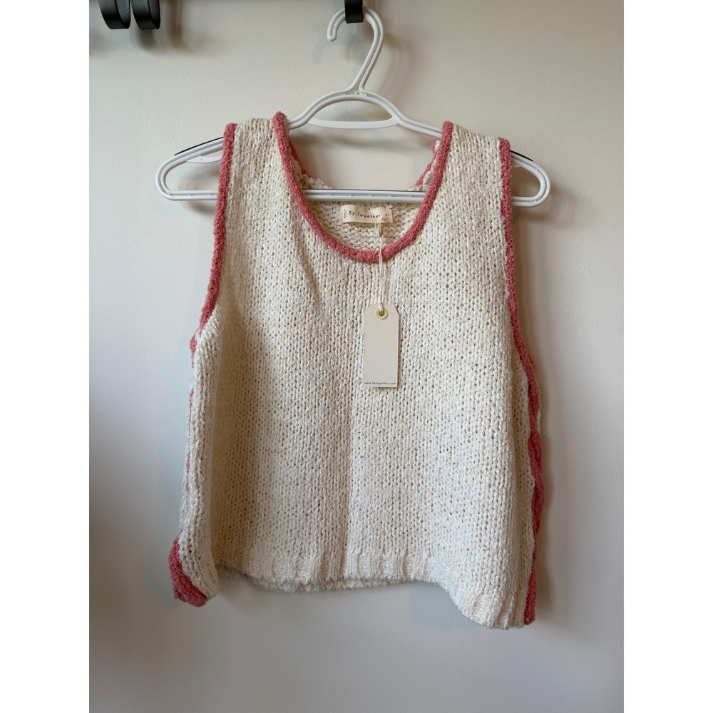 By Together Cream Pink Knit Sweater Vest Braided Side Trim Large NWT